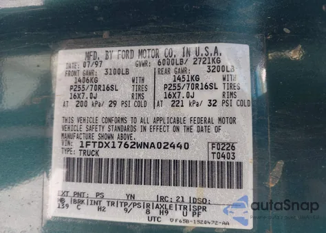 1998 Ford F-150 Lariat/Standard/Xl/Xlt z USA, uszkodzony, nr VIN 1FTDX1762WNA02440